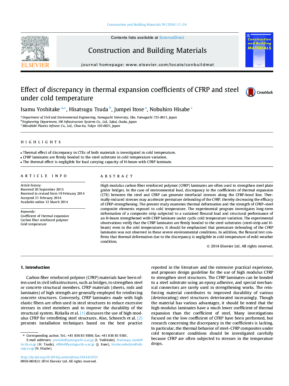 Effect of discrepancy in thermal expansion coefficients of CFRP and steel under cold temperature