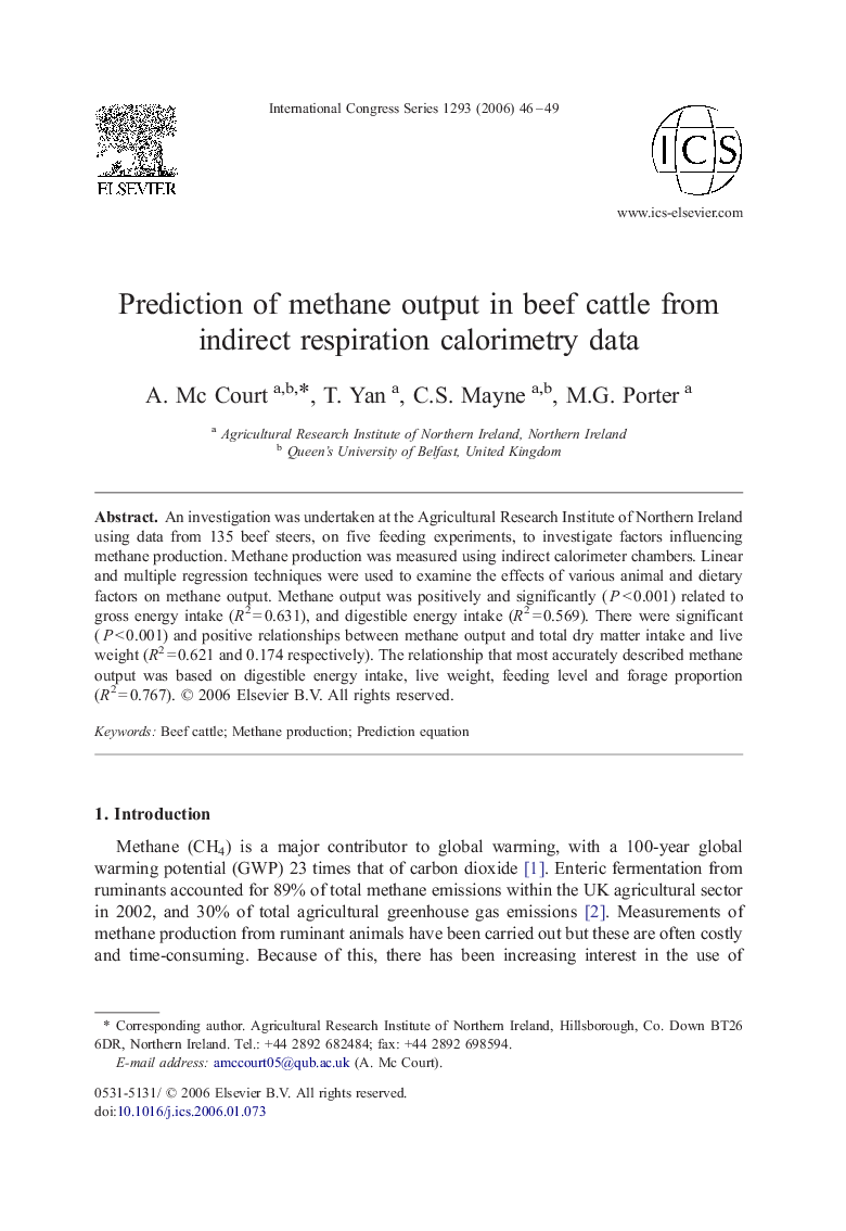 Prediction of methane output in beef cattle from indirect respiration calorimetry data