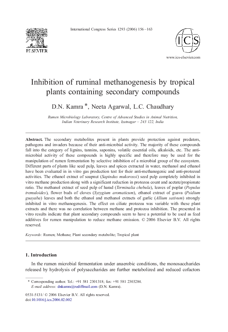 Inhibition of ruminal methanogenesis by tropical plants containing secondary compounds