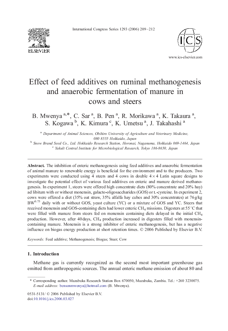 Effect of feed additives on ruminal methanogenesis and anaerobic fermentation of manure in cows and steers