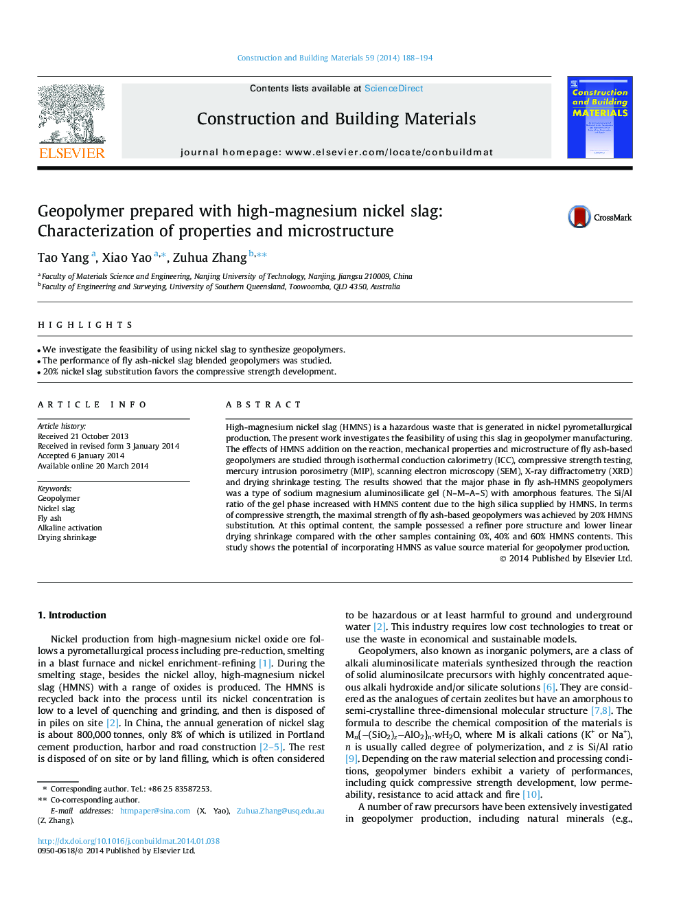 Geopolymer prepared with high-magnesium nickel slag: Characterization of properties and microstructure