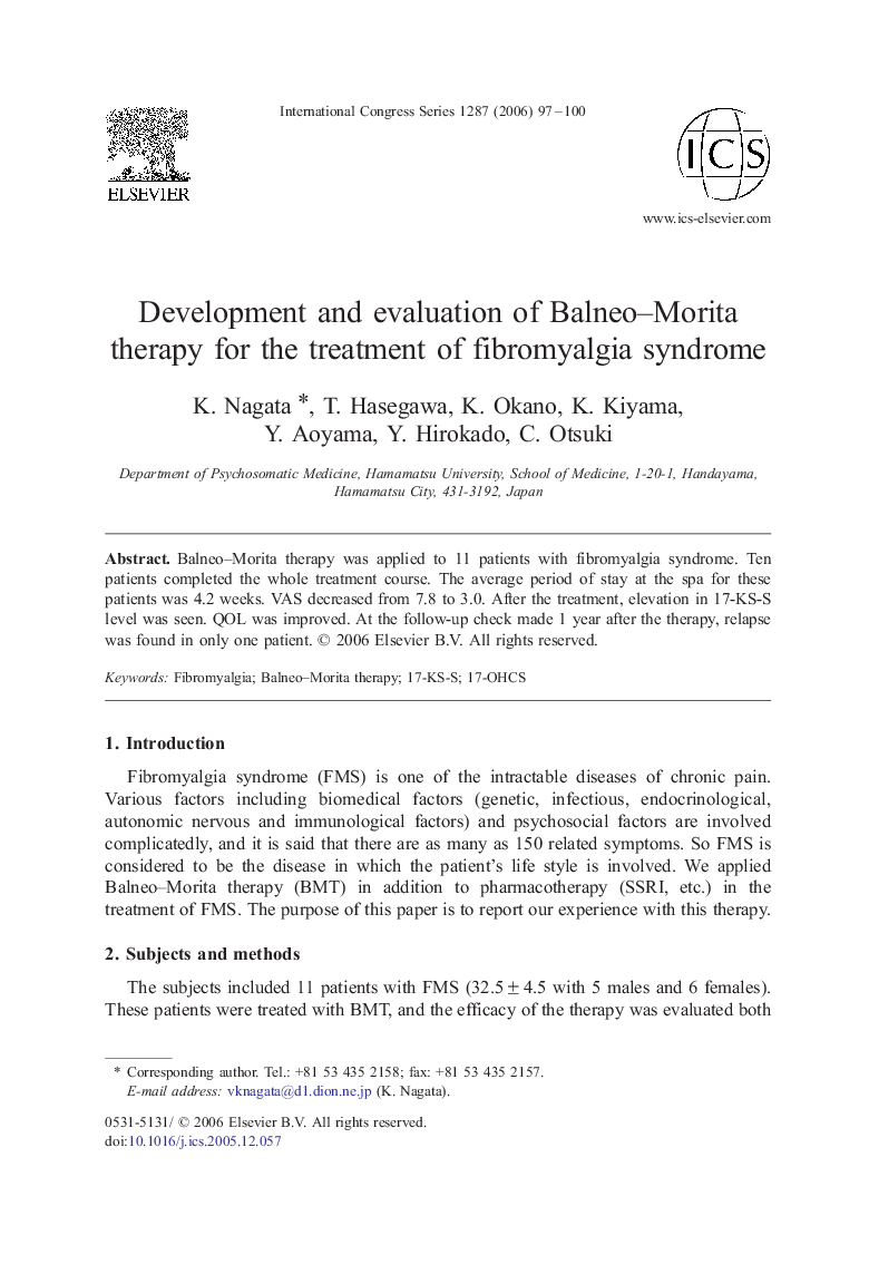 Development and evaluation of Balneo–Morita therapy for the treatment of fibromyalgia syndrome