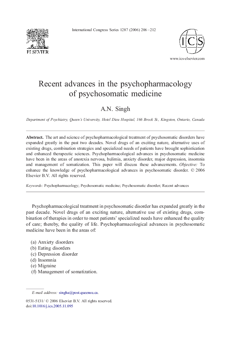 Recent advances in the psychopharmacology of psychosomatic medicine