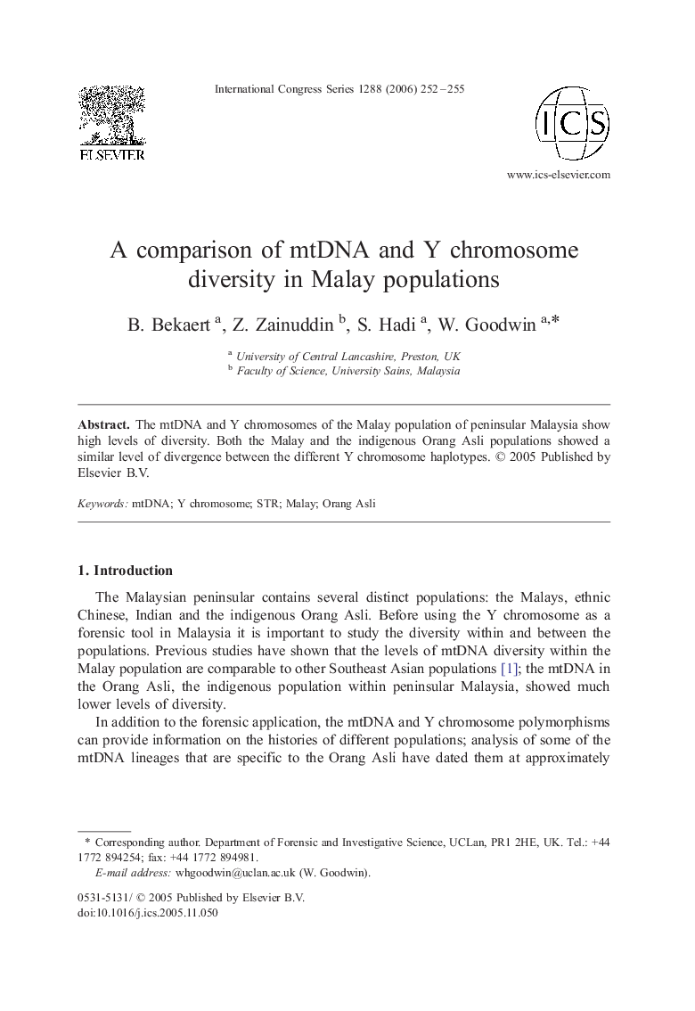 A comparison of mtDNA and Y chromosome diversity in Malay populations