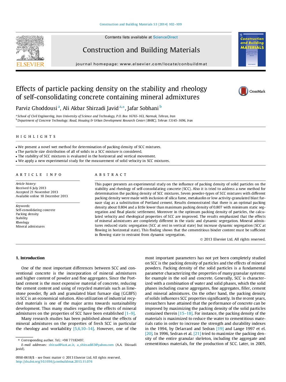 Effects of particle packing density on the stability and rheology of self-consolidating concrete containing mineral admixtures