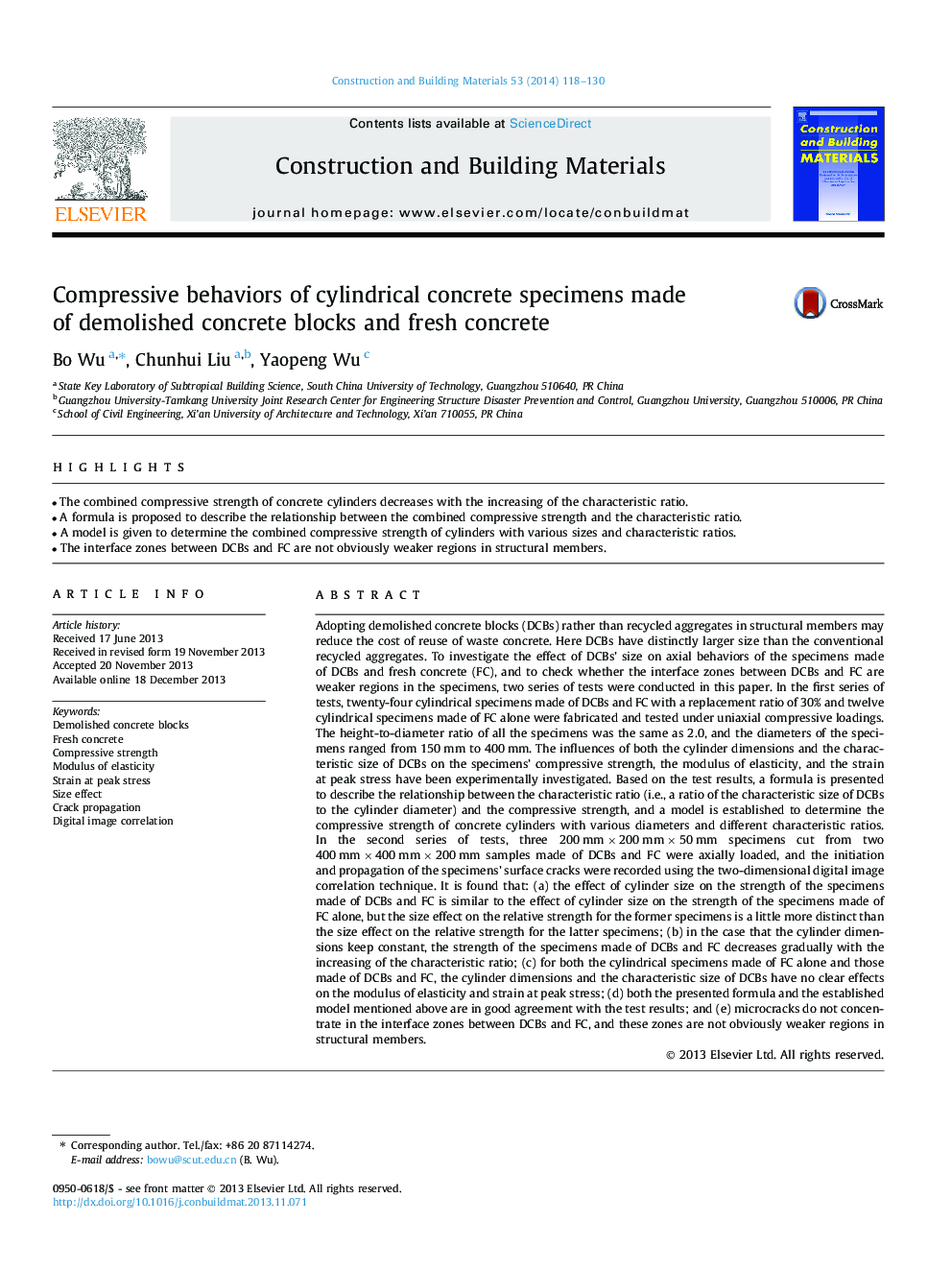Compressive behaviors of cylindrical concrete specimens made of demolished concrete blocks and fresh concrete
