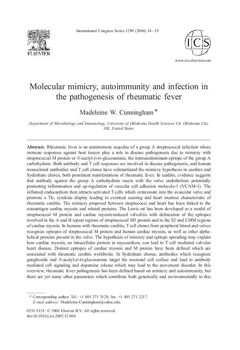 عکس صفحه اول مقاله: Molecular mimicry, autoimmunity and infection in the pathogenesis of rheumatic fever Molecular mimicry, autoimmunity and infection in the pathogenesis of rheumatic fever