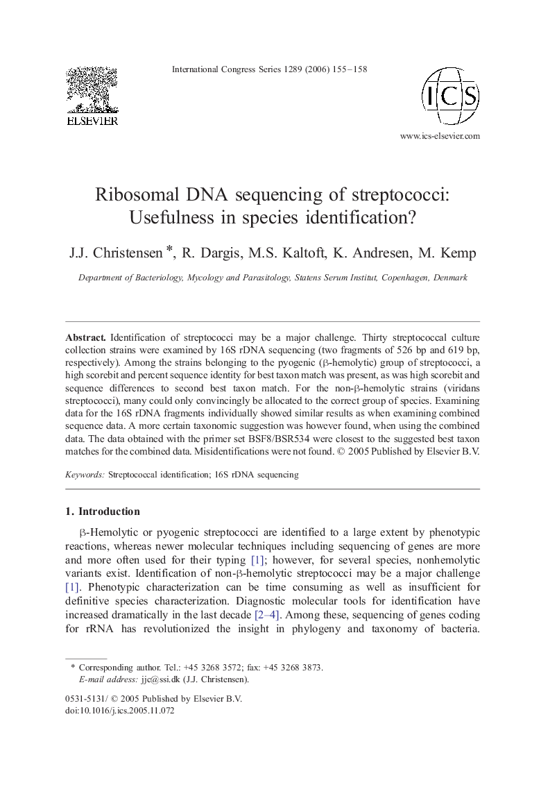 Ribosomal DNA sequencing of streptococci: Usefulness in species identification?