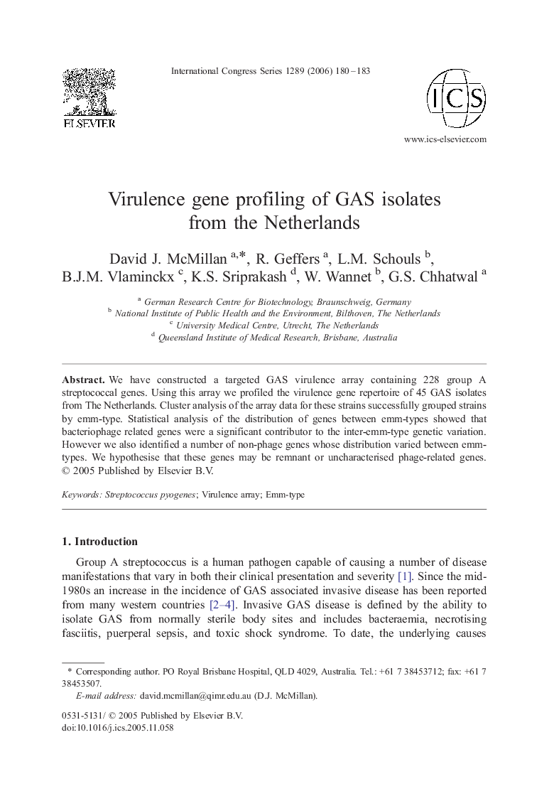 عکس صفحه اول مقاله: Virulence gene profiling of GAS isolates from the Netherlands Virulence gene profiling of GAS isolates from the Netherlands