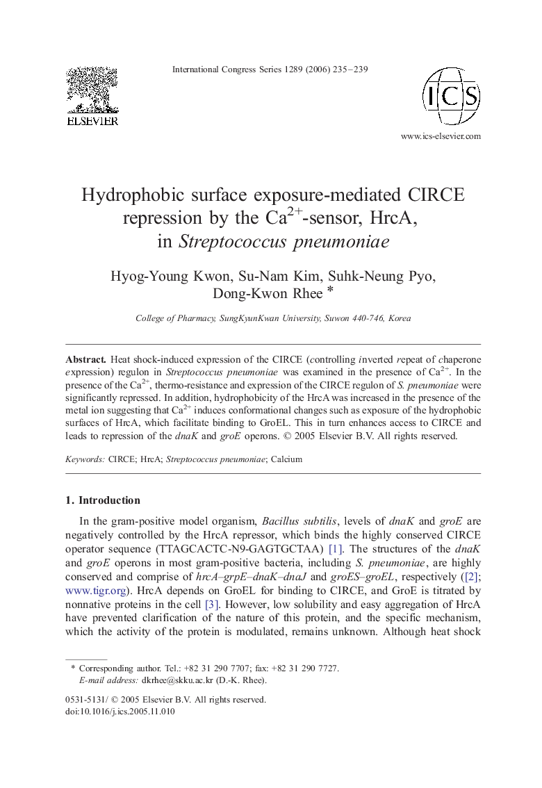 Hydrophobic surface exposure-mediated CIRCE repression by the Ca2+-sensor, HrcA, in Streptococcus pneumoniae