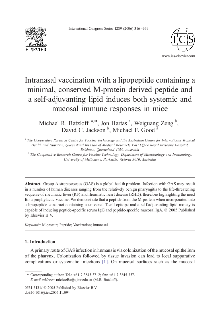 Intranasal vaccination with a lipopeptide containing a minimal, conserved M-protein derived peptide and a self-adjuvanting lipid induces both systemic and mucosal immune responses in mice