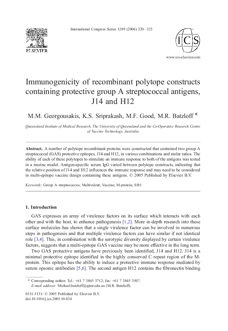 عکس صفحه اول مقاله: Immunogenicity of recombinant polytope constructs containing protective group A streptococcal antigens, J14 and H12 Immunogenicity of recombinant polytope constructs containing protective group A streptococcal antigens, J14 and H12