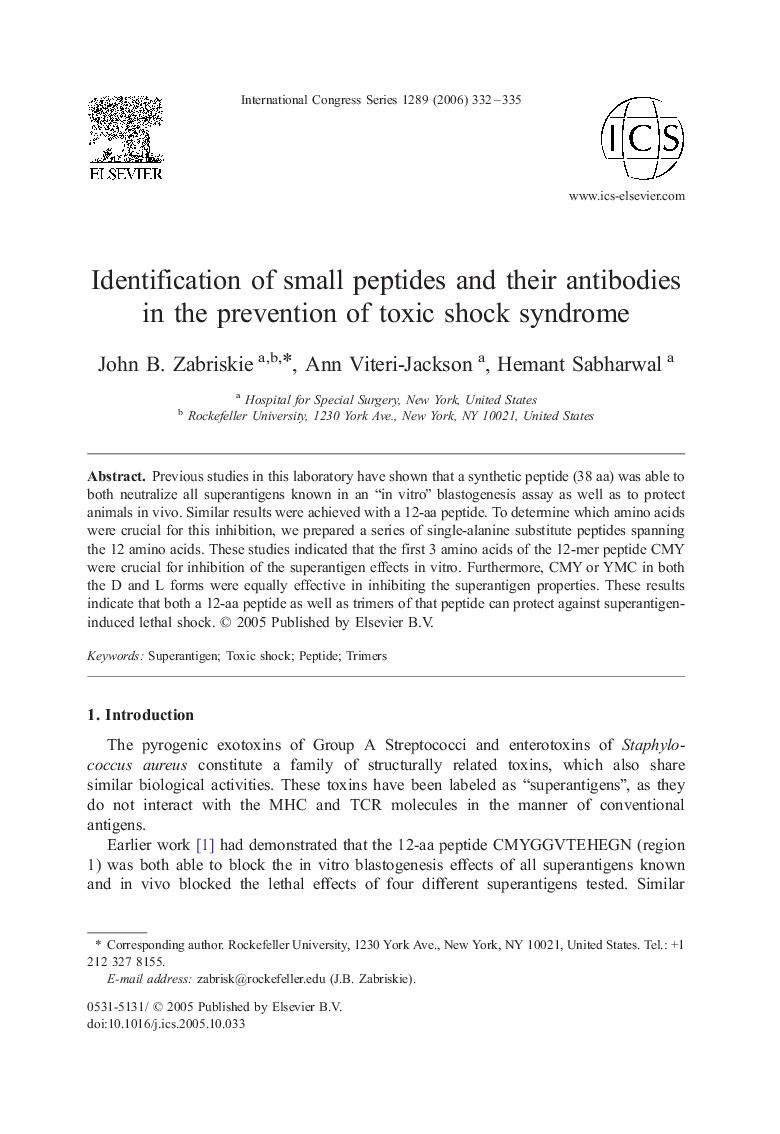 Identification of small peptides and their antibodies in the prevention of toxic shock syndrome