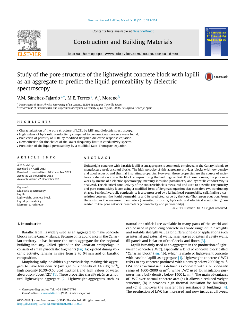 Study of the pore structure of the lightweight concrete block with lapilli as an aggregate to predict the liquid permeability by dielectric spectroscopy