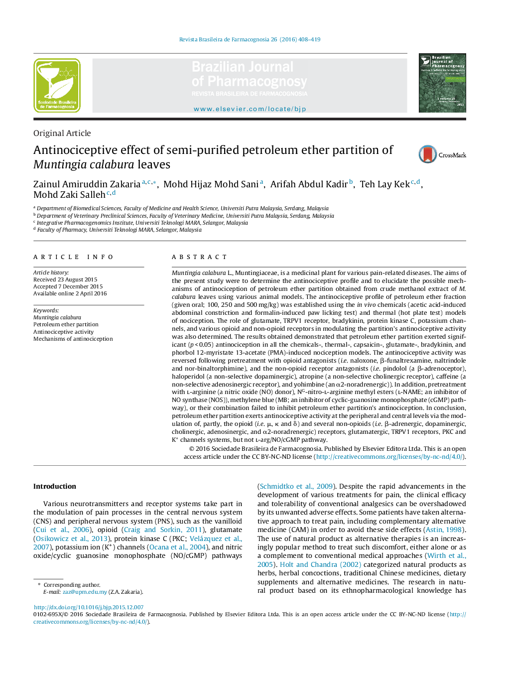 Antinociceptive effect of semi-purified petroleum ether partition of Muntingia calabura leaves