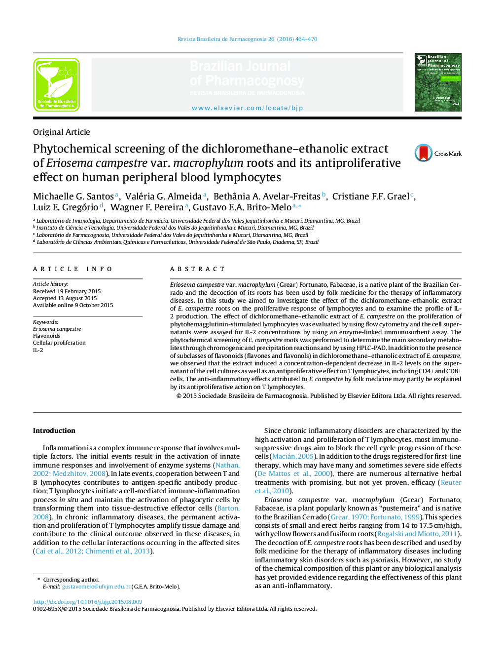 Phytochemical screening of the dichloromethane–ethanolic extract of Eriosema campestre var. macrophylum roots and its antiproliferative effect on human peripheral blood lymphocytes