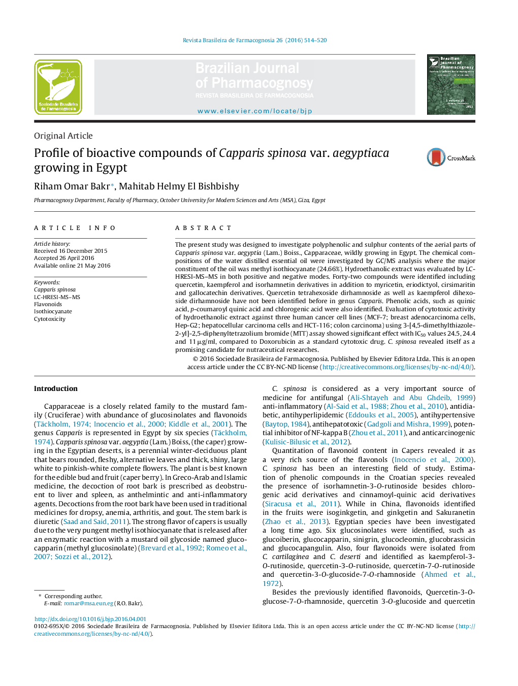 مشخصات ترکیبات زیستی Capparis spinosa var. aegyptiaca در حال رشد در مصر