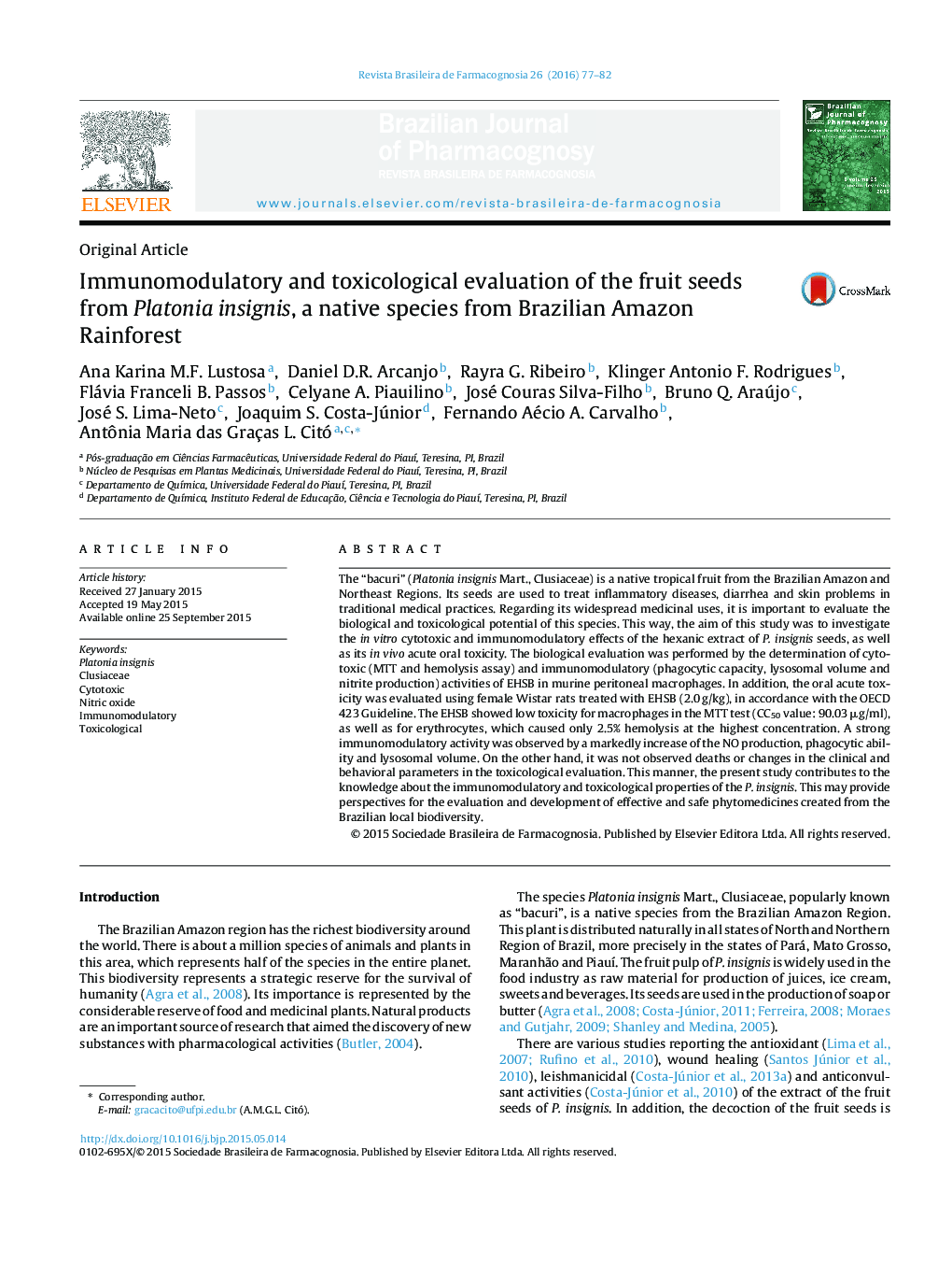 سیستم ایمنی و ارزیابی سم شناسی از دانه های میوه از Platonia insignis، یک گونه بومی از برزیل آمازون