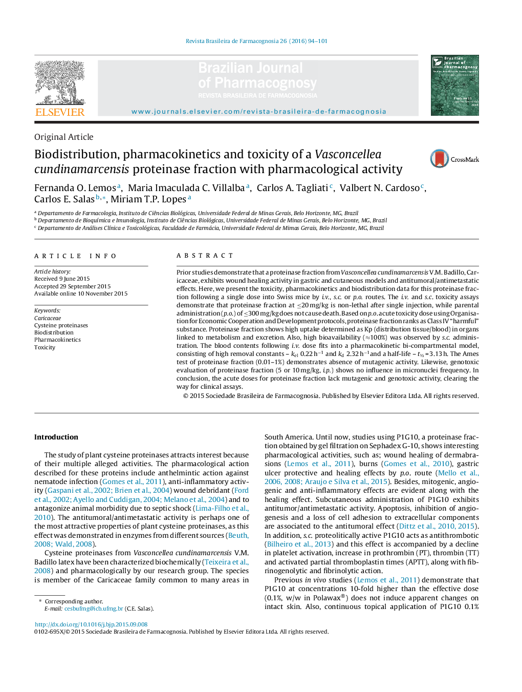 Biodistribution, pharmacokinetics and toxicity of a Vasconcellea cundinamarcensis proteinase fraction with pharmacological activity