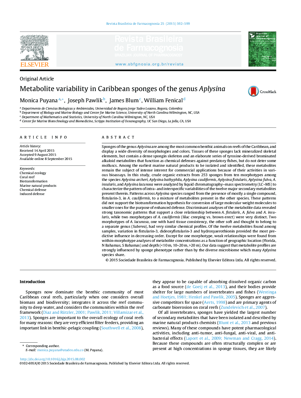 Metabolite variability in Caribbean sponges of the genus Aplysina