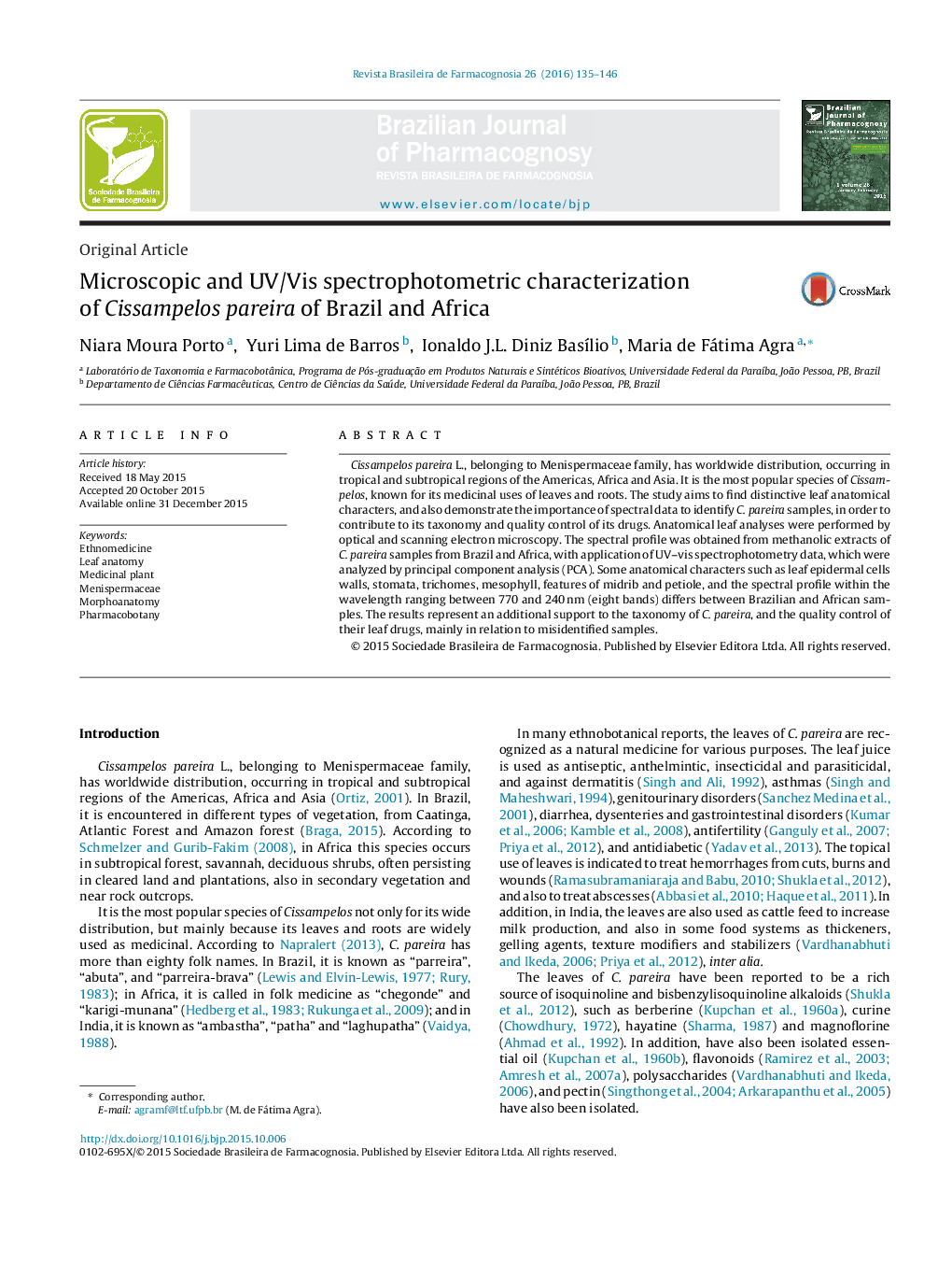 Microscopic and UV/Vis spectrophotometric characterization of Cissampelos pareira of Brazil and Africa