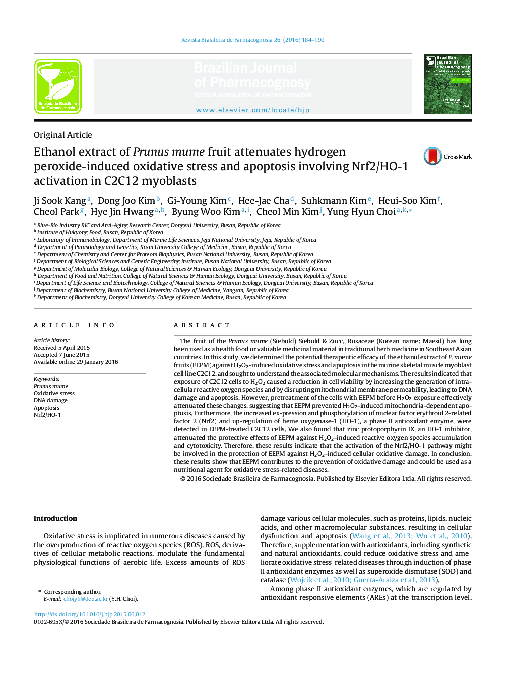 عصاره اتانول میوه Prunus mume سبب کاهش استرس اکسیداتیو ناشی از پراکسید هیدروژن و آپوپتوز شامل فعال سازی Nrf2 / HO-1 در میوبلاست های C2C12 می شود.