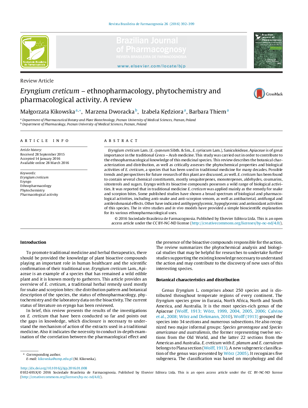 Eryngium creticum – ethnopharmacology, phytochemistry and pharmacological activity. A review