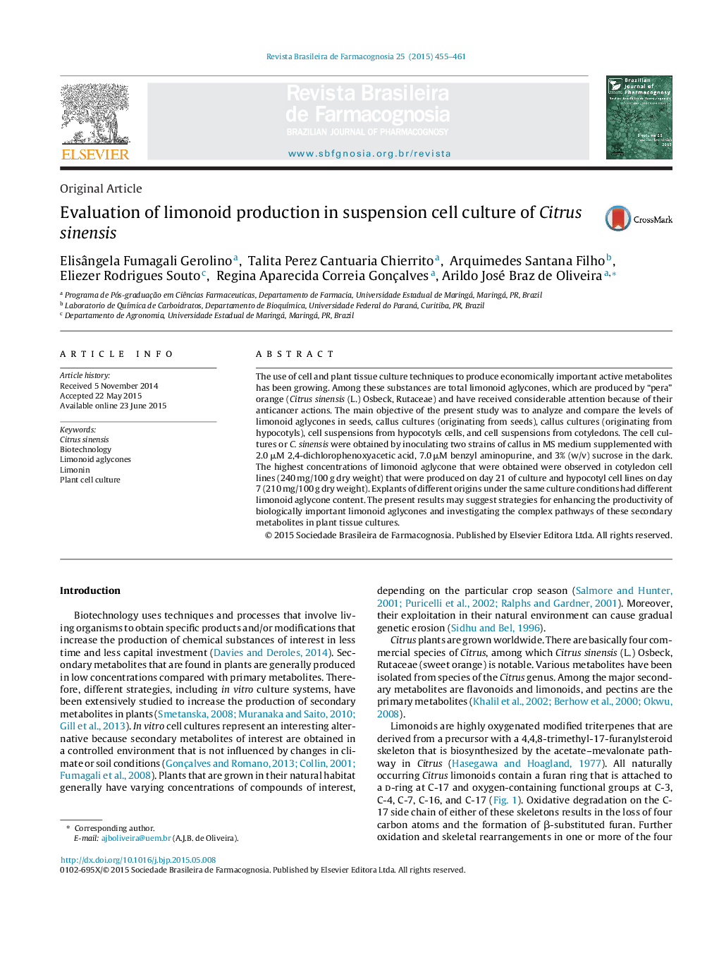 Evaluation of limonoid production in suspension cell culture of Citrus sinensis