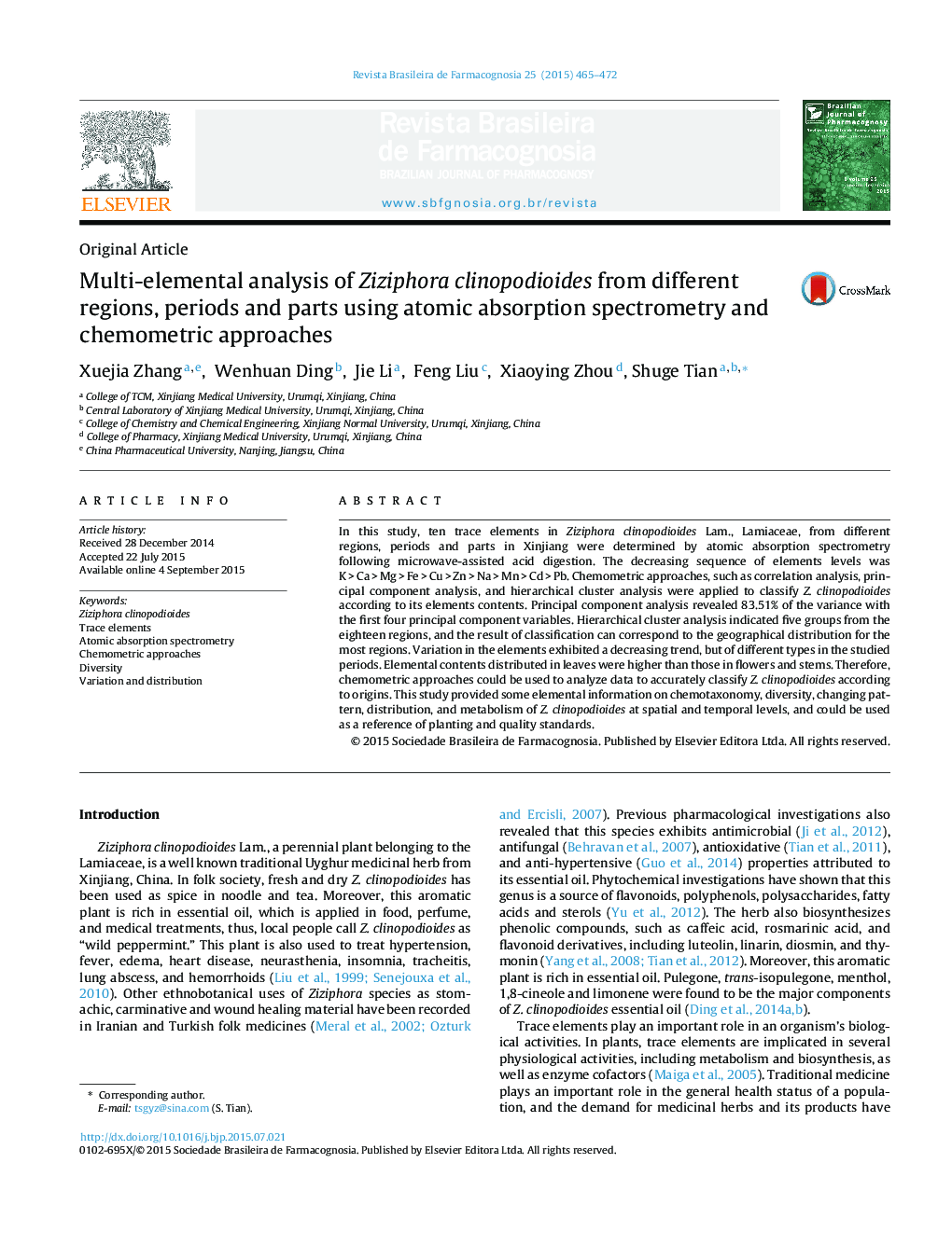 Multi-elemental analysis of Ziziphora clinopodioides from different regions, periods and parts using atomic absorption spectrometry and chemometric approaches