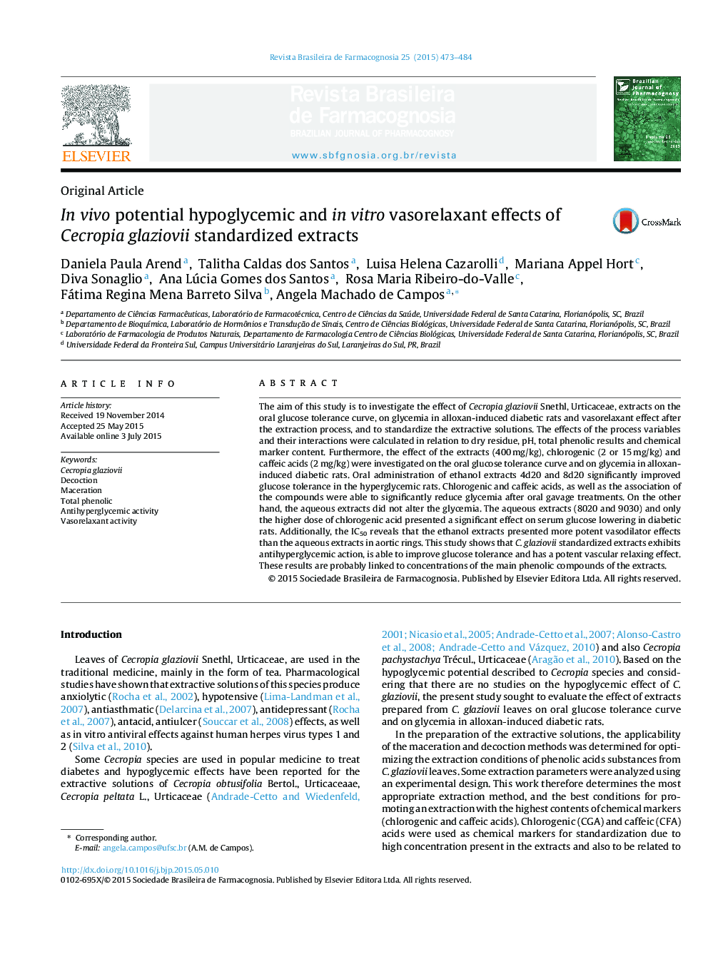 In vivo potential hypoglycemic and in vitro vasorelaxant effects of Cecropia glaziovii standardized extracts