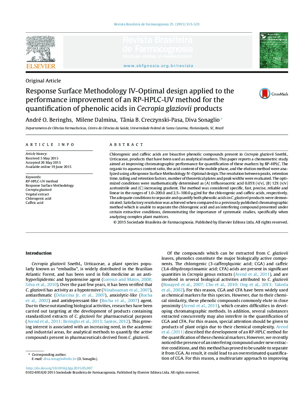 Response Surface Methodology IV-Optimal design applied to the performance improvement of an RP-HPLC-UV method for the quantification of phenolic acids in Cecropia glaziovii products