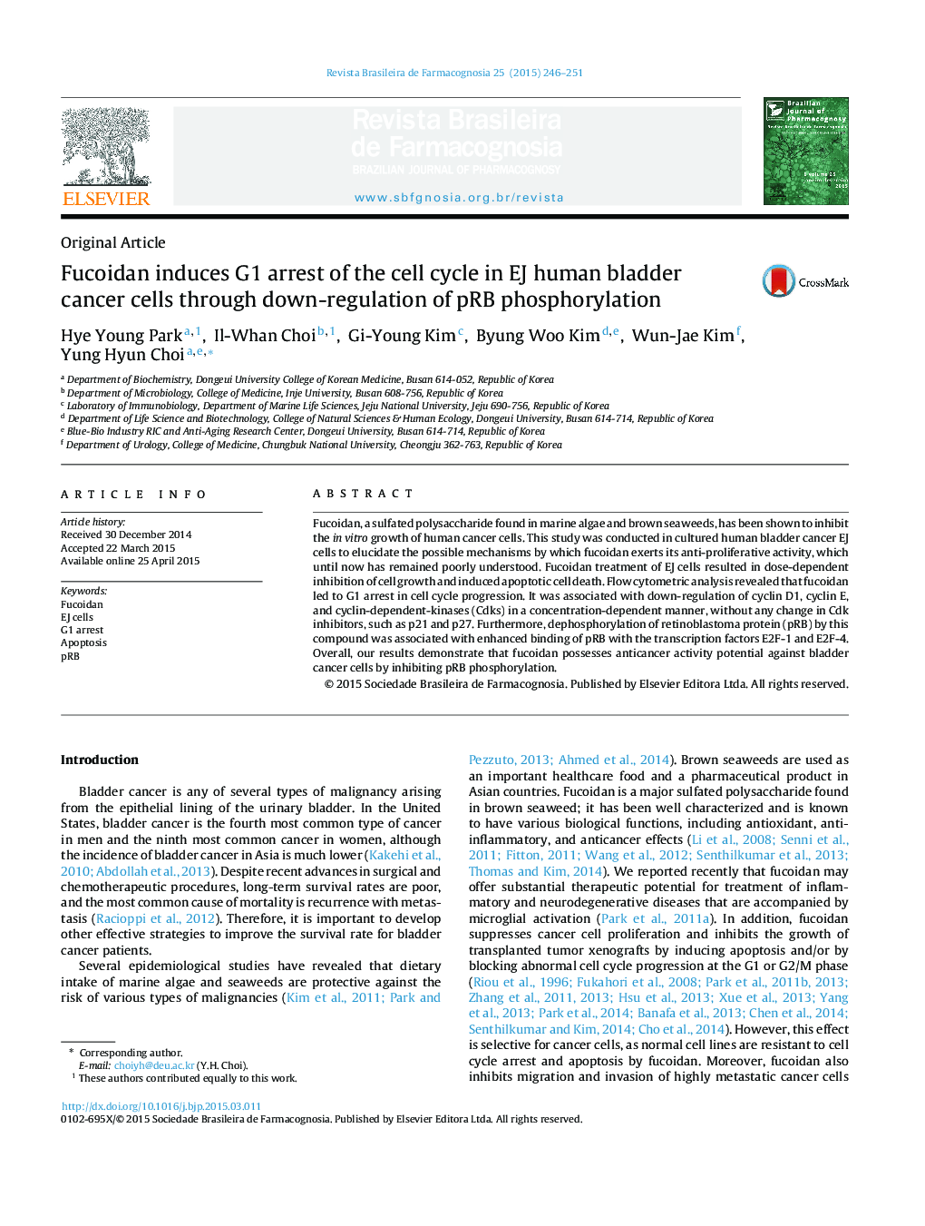 Fucoidan induces G1 arrest of the cell cycle in EJ human bladder cancer cells through down-regulation of pRB phosphorylation