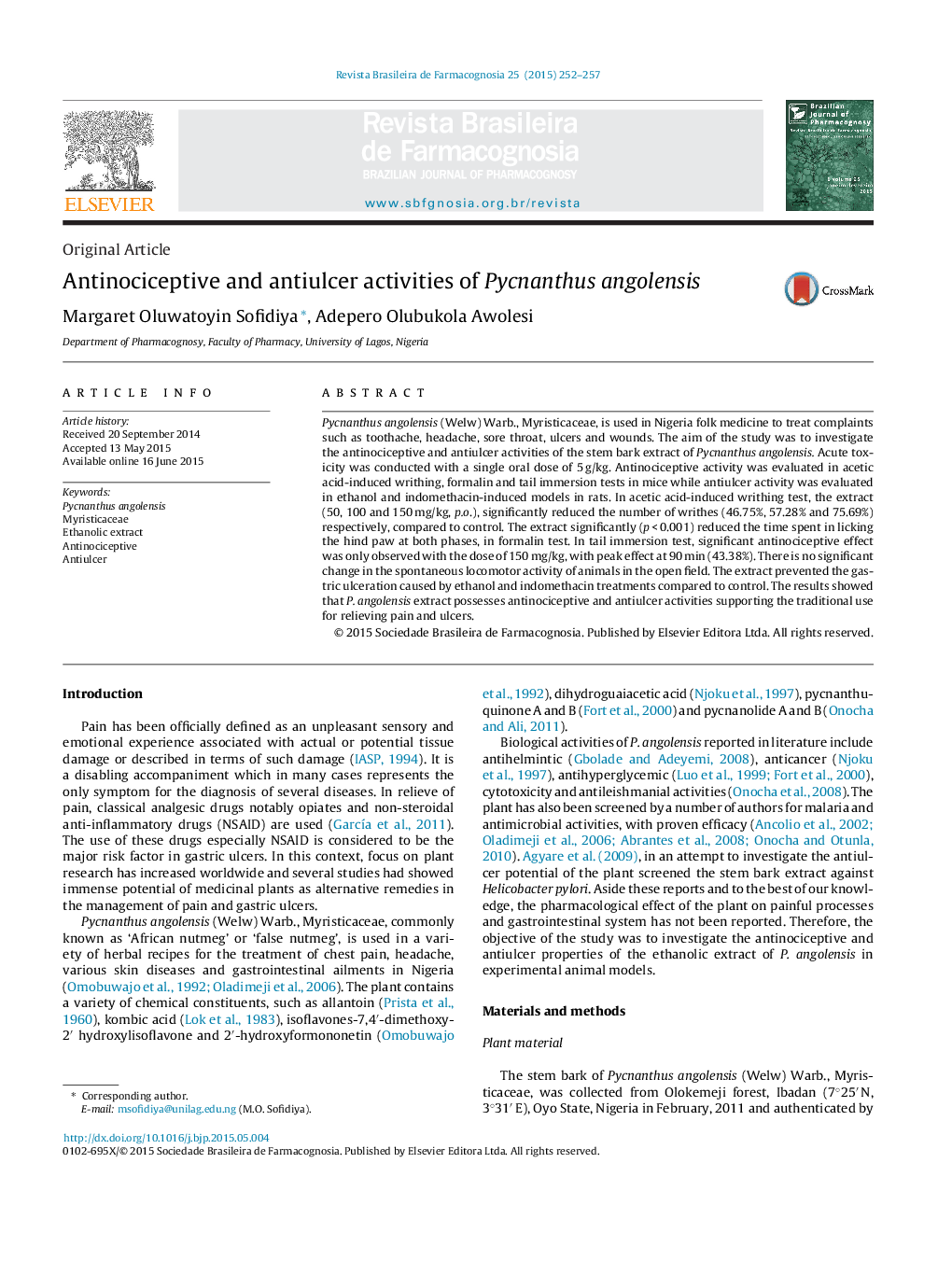 Antinociceptive and antiulcer activities of Pycnanthus angolensis