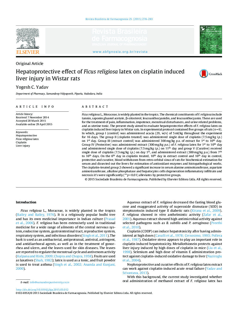 Hepatoprotective effect of Ficus religiosa latex on cisplatin induced liver injury in Wistar rats