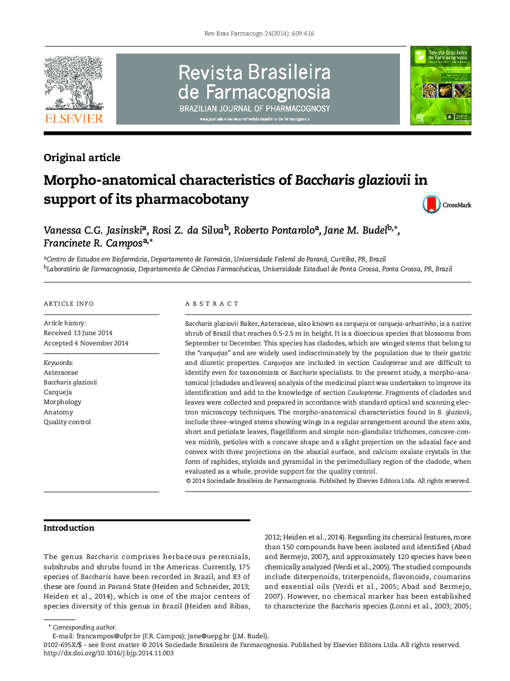 Morpho-anatomical characteristics of Baccharis glaziovii in support of its pharmacobotany