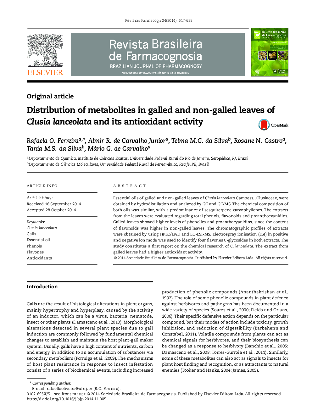 Distribution of metabolites in galled and non-galled leaves of Clusia lanceolata and its antioxidant activity