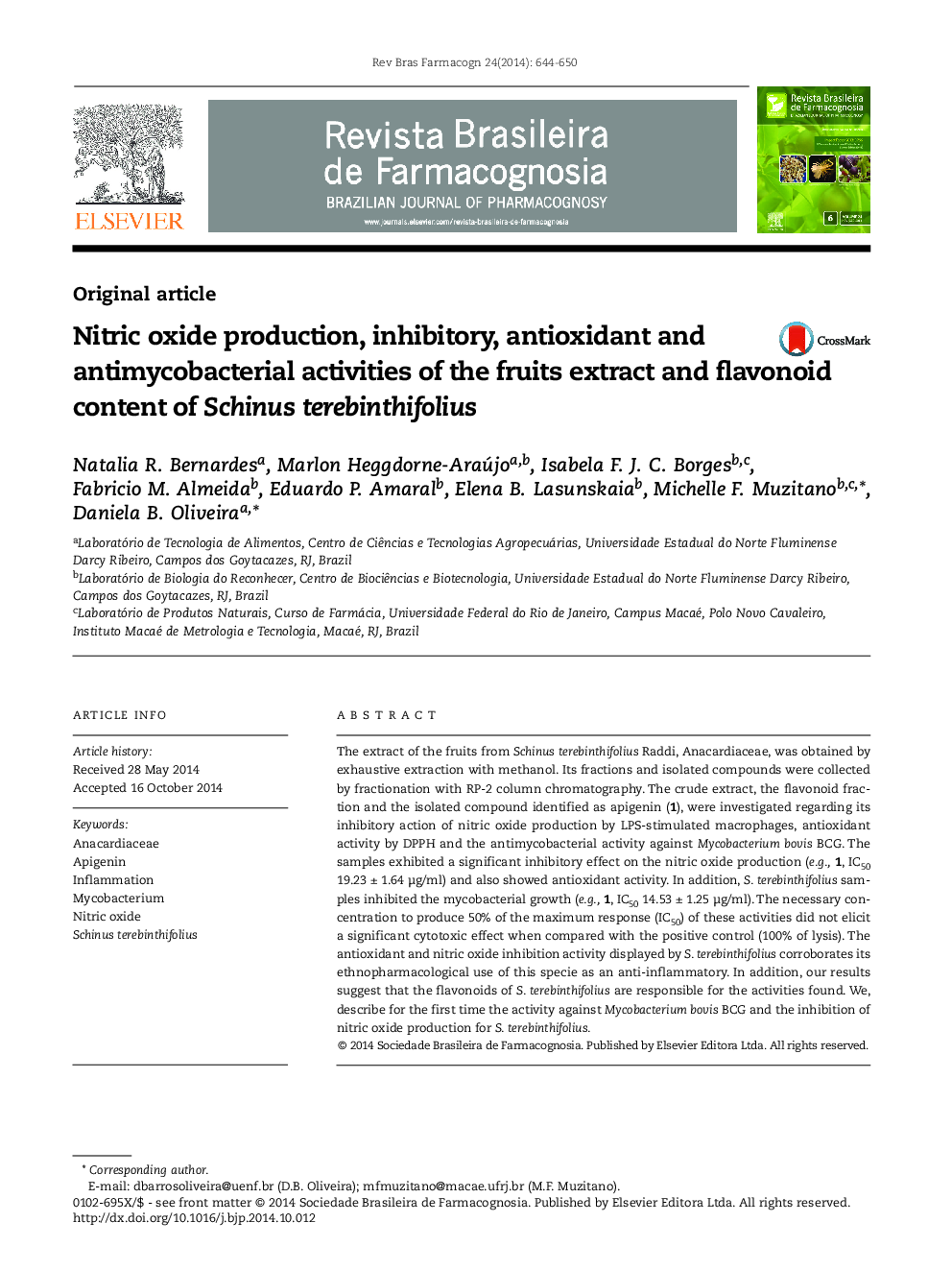 Nitric oxide production, inhibitory, antioxidant and antimycobacterial activities of the fruits extract and flavonoid content of Schinus terebinthifolius