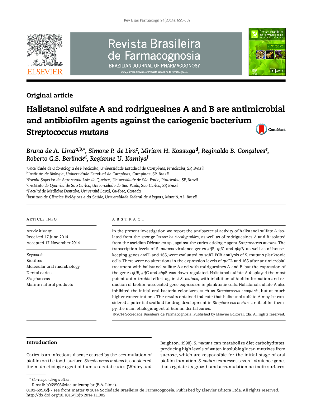 Halistanol sulfate A and rodriguesines A and B are antimicrobial and antibiofilm agents against the cariogenic bacterium Streptococcus mutans