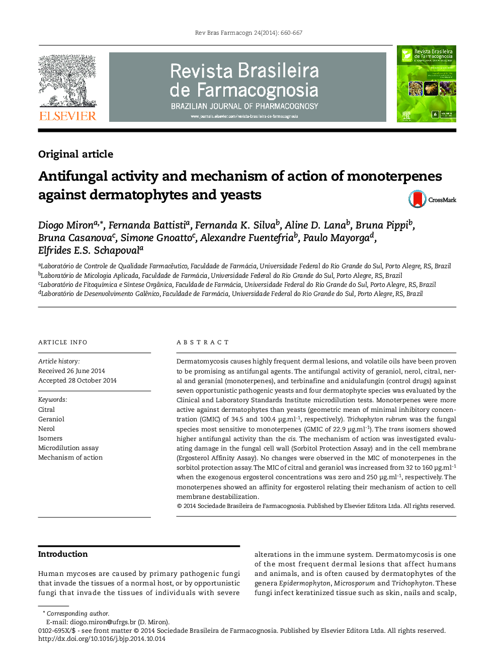 Antifungal activity and mechanism of action of monoterpenes against dermatophytes and yeasts