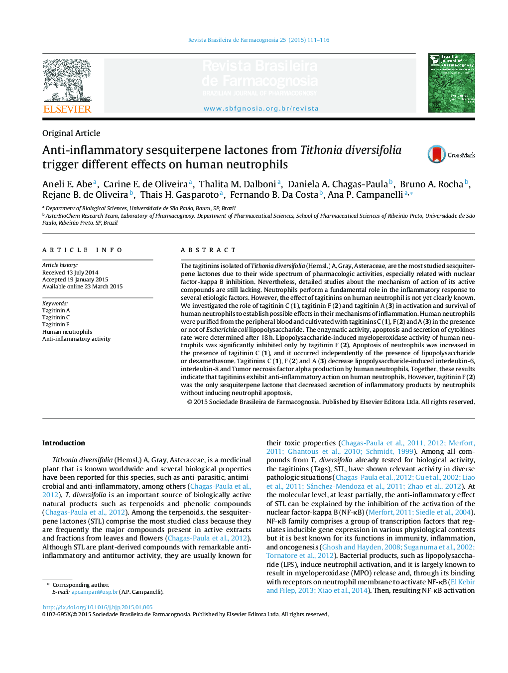 Anti-inflammatory sesquiterpene lactones from Tithonia diversifolia trigger different effects on human neutrophils