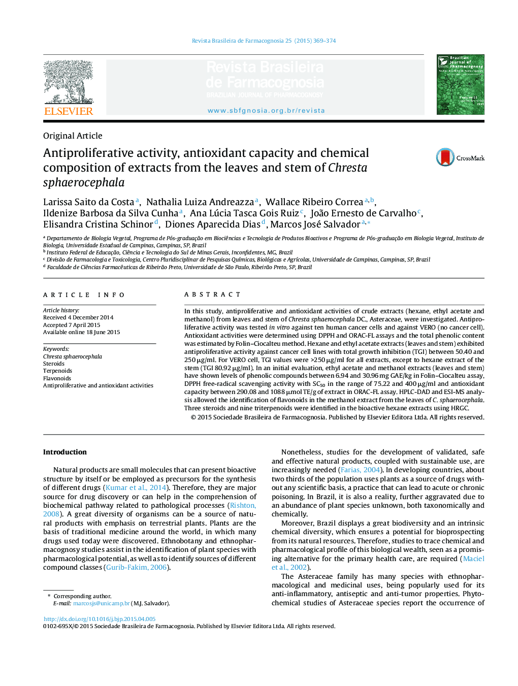 Antiproliferative activity, antioxidant capacity and chemical composition of extracts from the leaves and stem of Chresta sphaerocephala