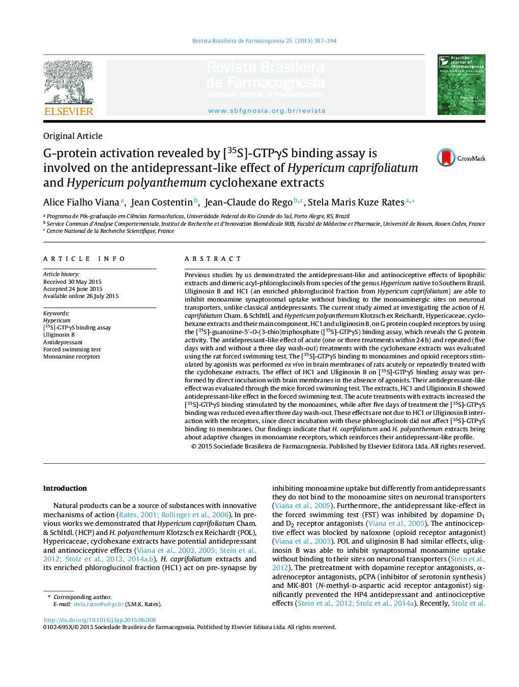 G-protein activation revealed by [35S]-GTPγS binding assay is involved on the antidepressant-like effect of Hypericum caprifoliatum and Hypericum polyanthemum cyclohexane extracts