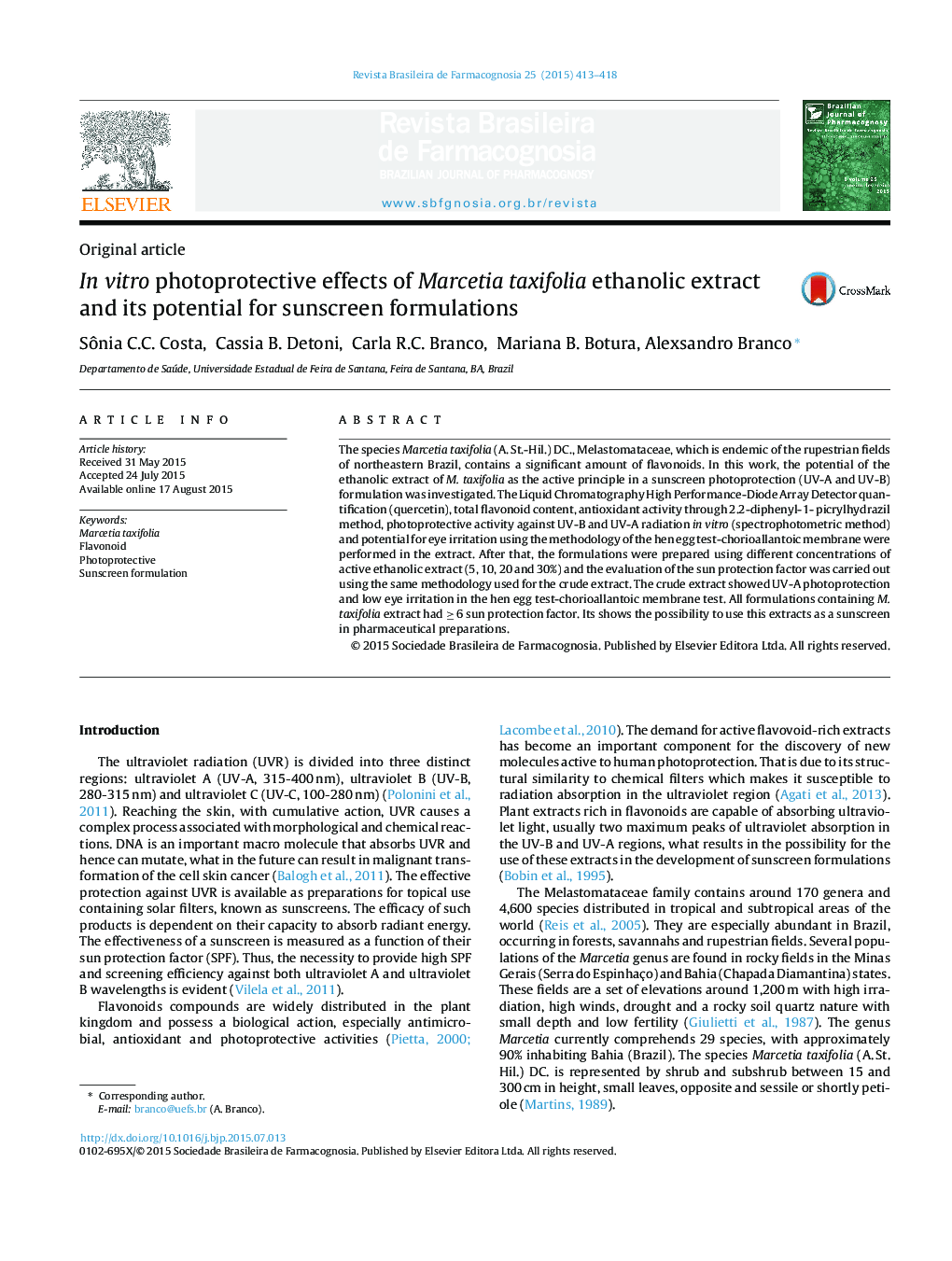 In vitro photoprotective effects of Marcetia taxifolia ethanolic extract and its potential for sunscreen formulations