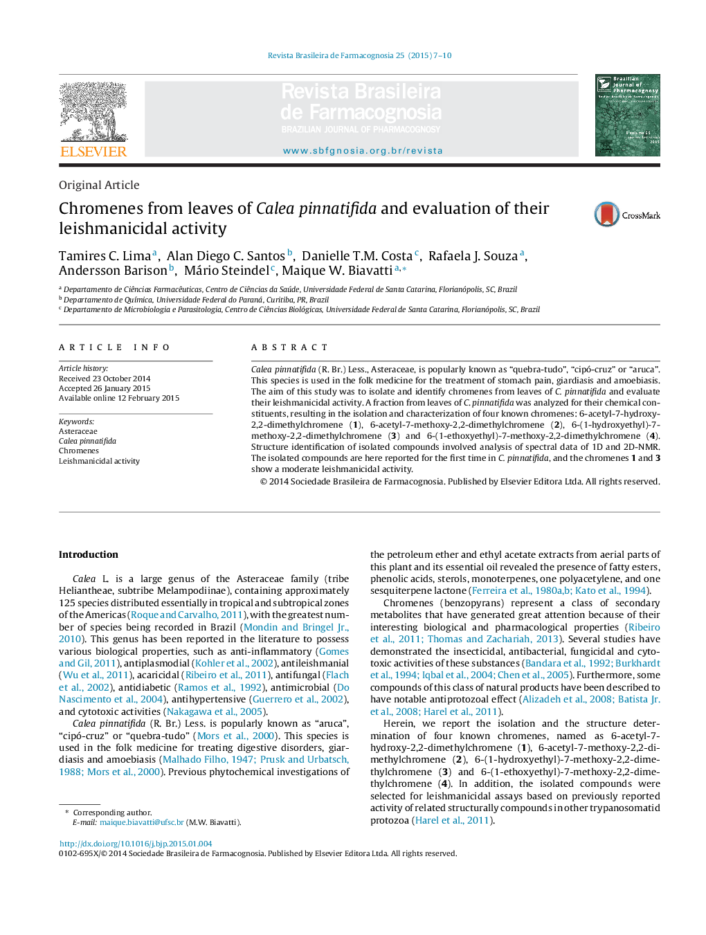 Chromenes from leaves of Calea pinnatifida and evaluation of their leishmanicidal activity