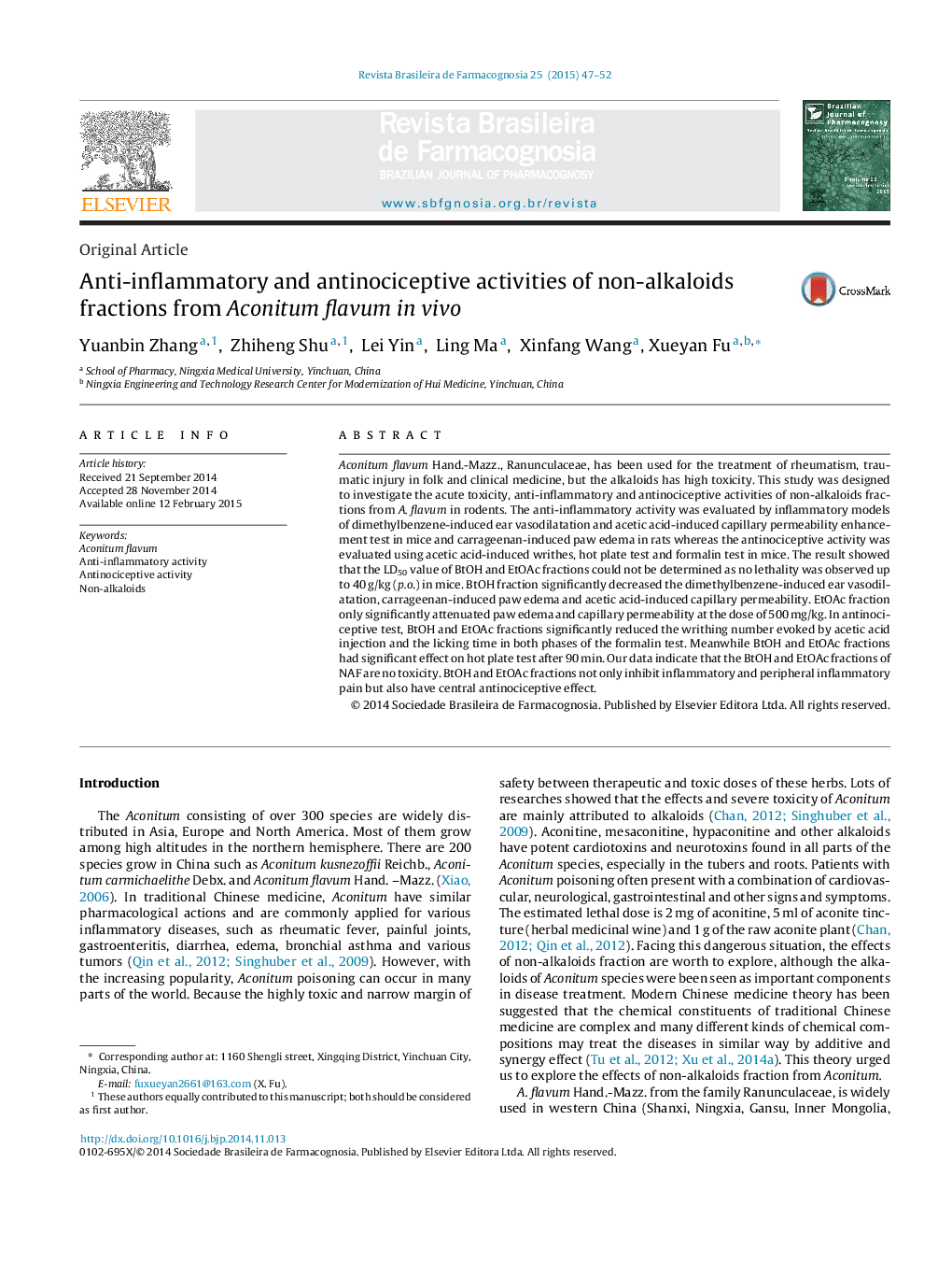 Anti-inflammatory and antinociceptive activities of non-alkaloids fractions from Aconitum flavum in vivo