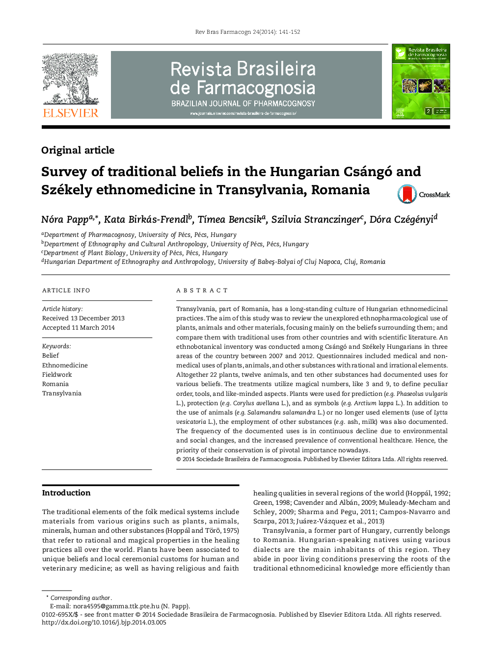 Survey of traditional beliefs in the Hungarian Csángó and Székely ethnomedicine in Transylvania, Romania