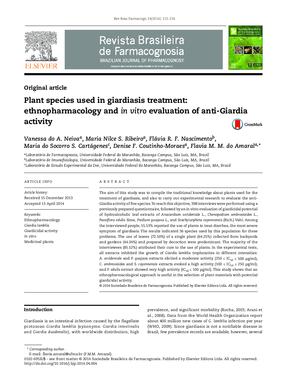 Plant species used in giardiasis treatment: ethnopharmacology and in vitro evaluation of anti-Giardia activity