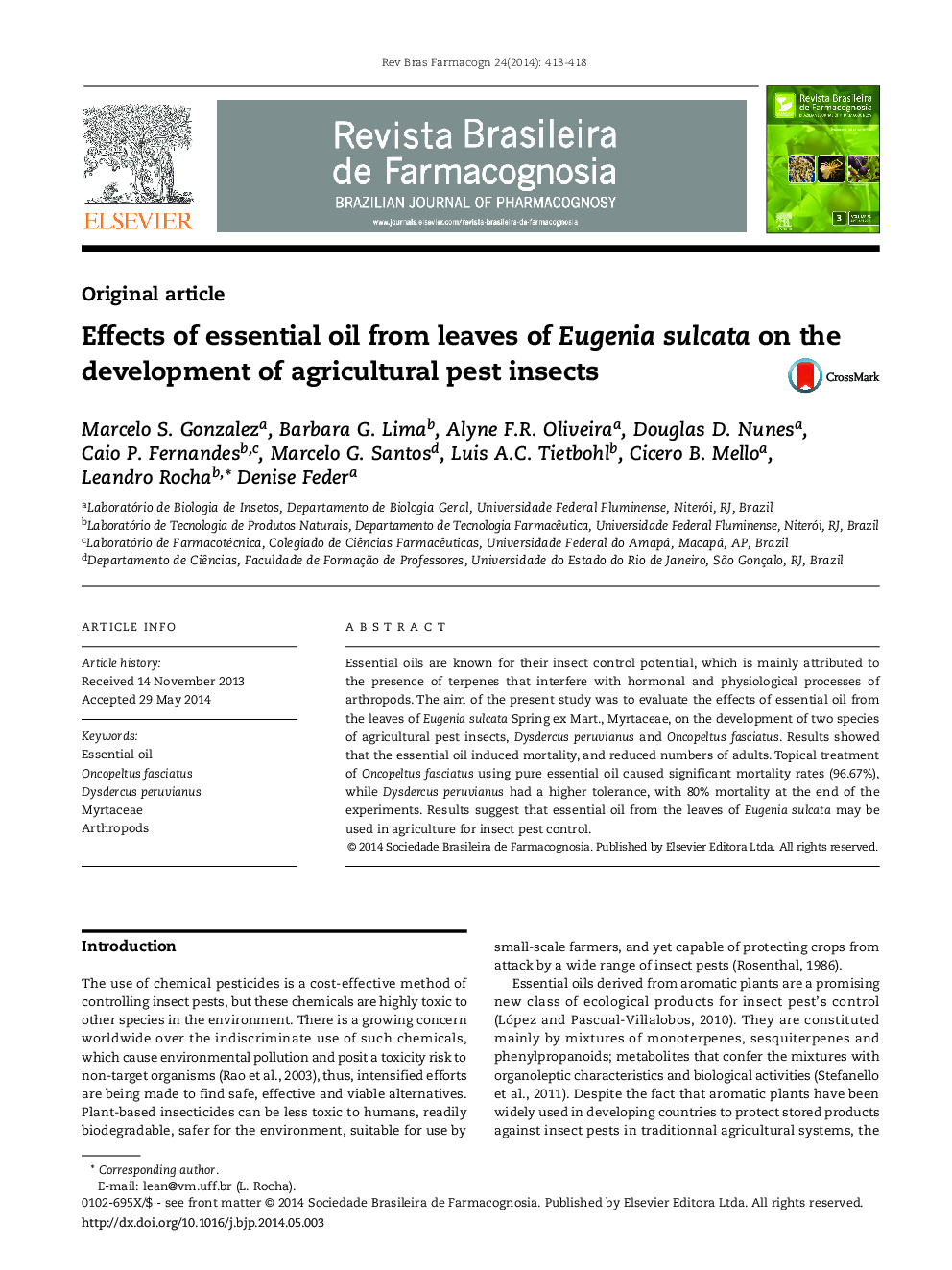 Effects of essential oil from leaves of Eugenia sulcata on the development of agricultural pest insects