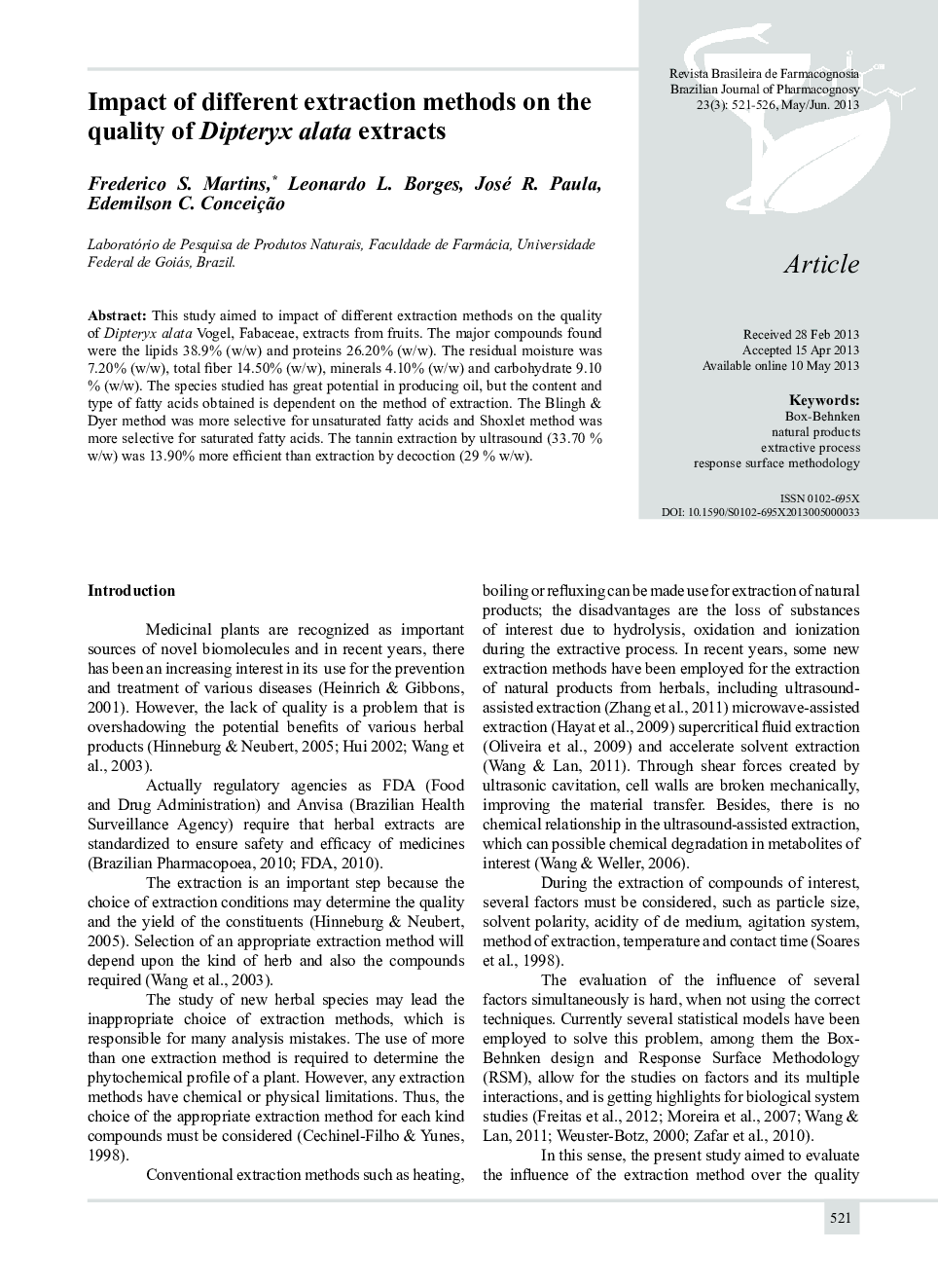 Impact of different extraction methods on the quality of Dipteryx alata extracts