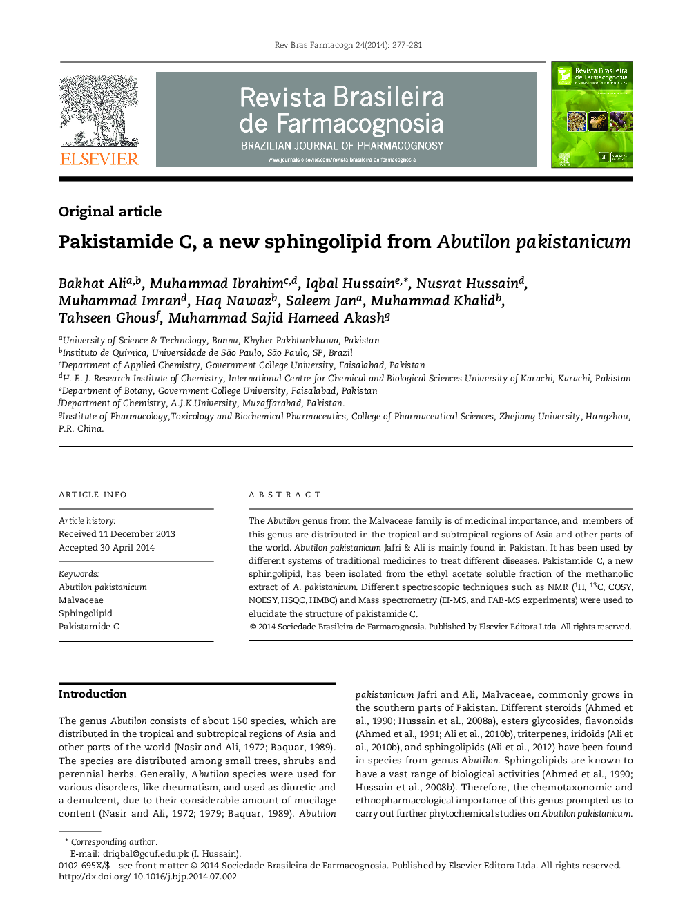Pakistamide C, a new sphingolipid from Abutilon pakistanicum